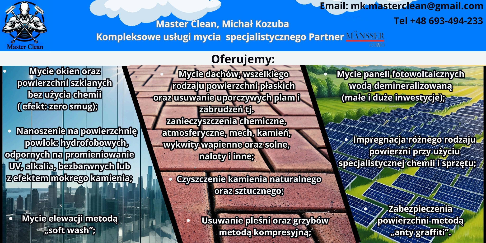 Kolaż reklamowy firmy Master Clean prezentujący zakres usług: mycie okien, dachów, paneli fotowoltaicznych, elewacji, czyszczenie kamienia, usuwanie pleśni oraz impregnacja powierzchni.