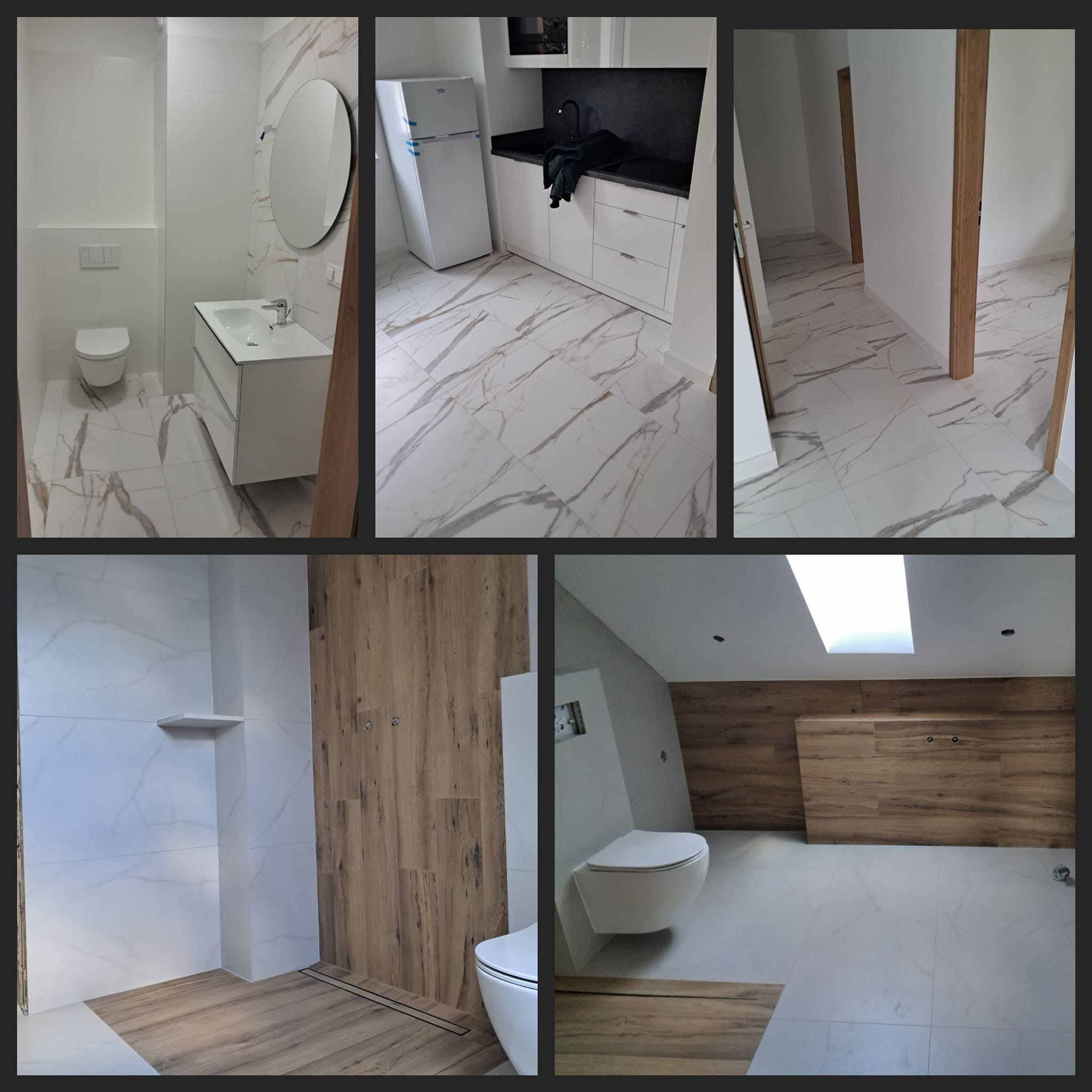 Kompozycja pięciu ujęć prezentująca wykończone wnętrza: łazienka z umywalką i toaletą, kuchnia z lodówką i czarnym zlewem, korytarz z drewnianymi ościeżnicami oraz detale wykończenia prysznica...