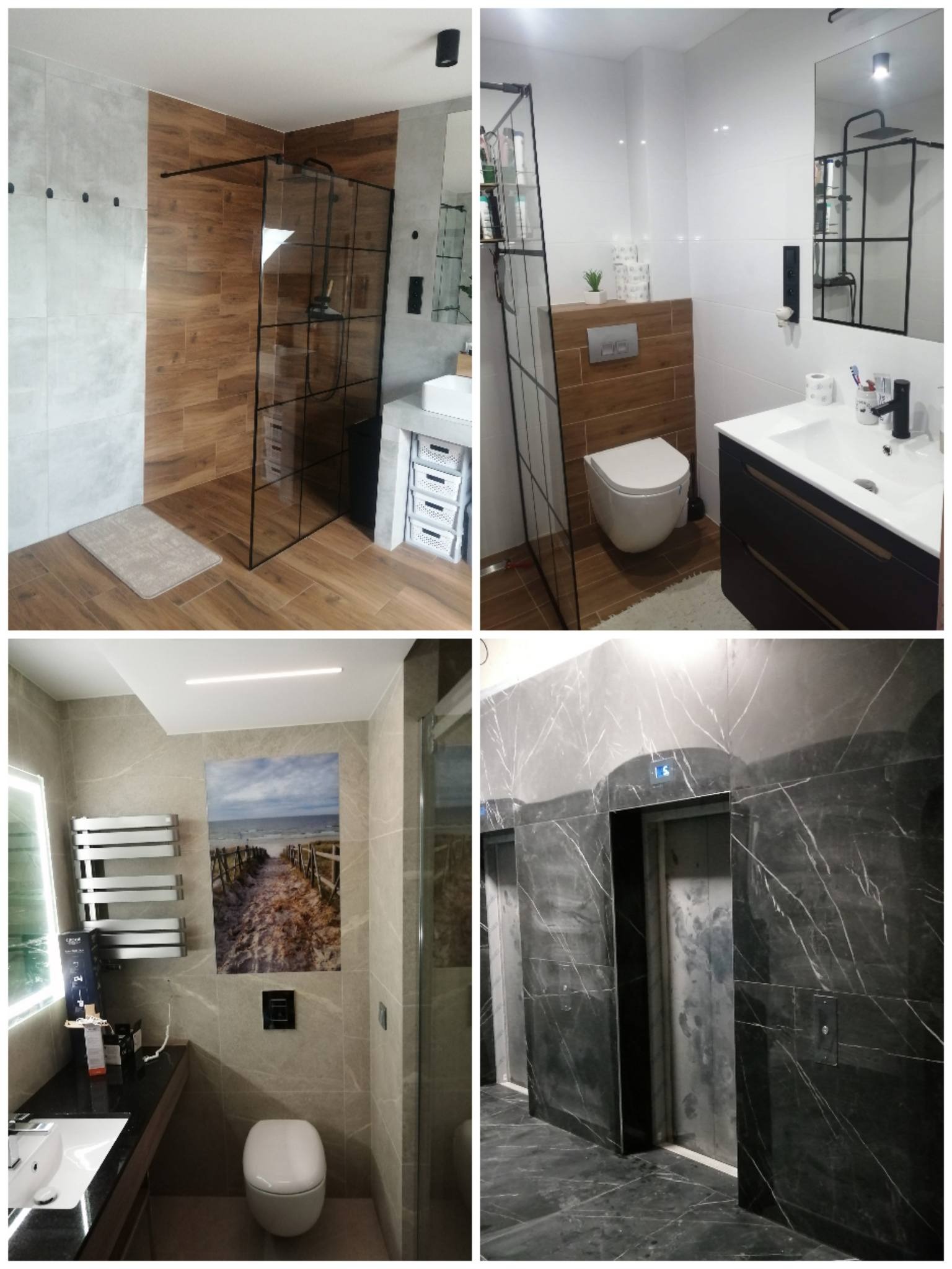 Kolaż czterech zdjęć przedstawiających nowoczesne łazienki z różnymi wykończeniami: kabina prysznicowa z czarną ramą, toaleta podwieszana z drewnianym panelem, grzejnik drabinkowy obok lustra...