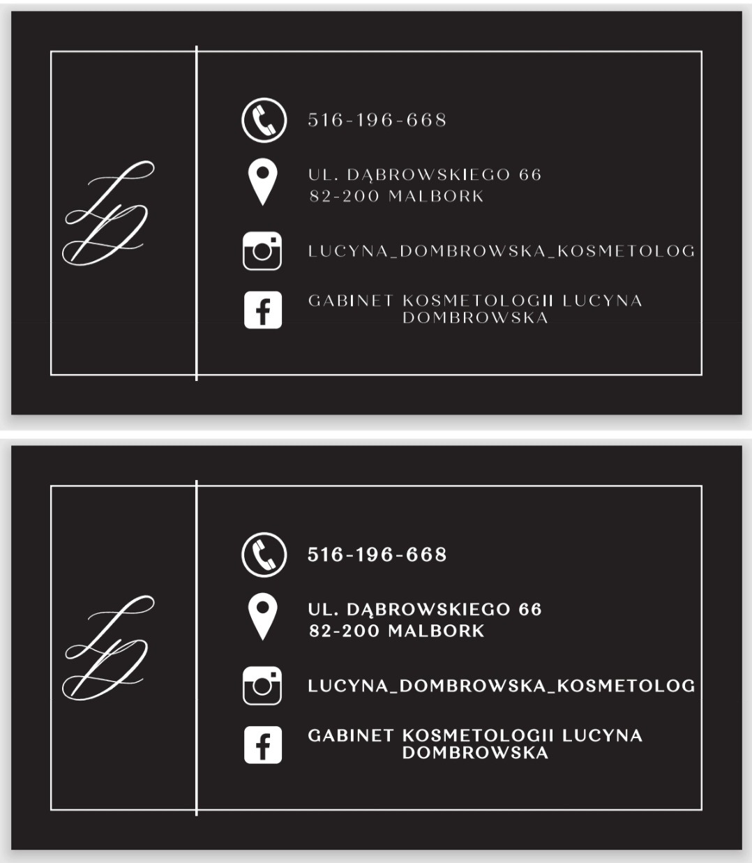 Wizytówka gabinetu kosmetycznego Lucyna Dąbrowska z Malborka, z numerem telefonu, adresem i informacjami o profilu na Instagramie i Facebooku, na czarnym tle z białymi napisami.