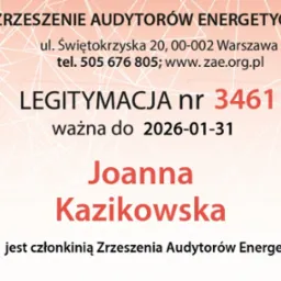 Skan legitymacji członkowskiej Zrzeszenia Audytorów Energetycznych, numer 3461, ważnej do 2026-01-31, na nazwisko Joanna Kazikowska, z adresem i numerem telefonu organizacji oraz kodem QR.