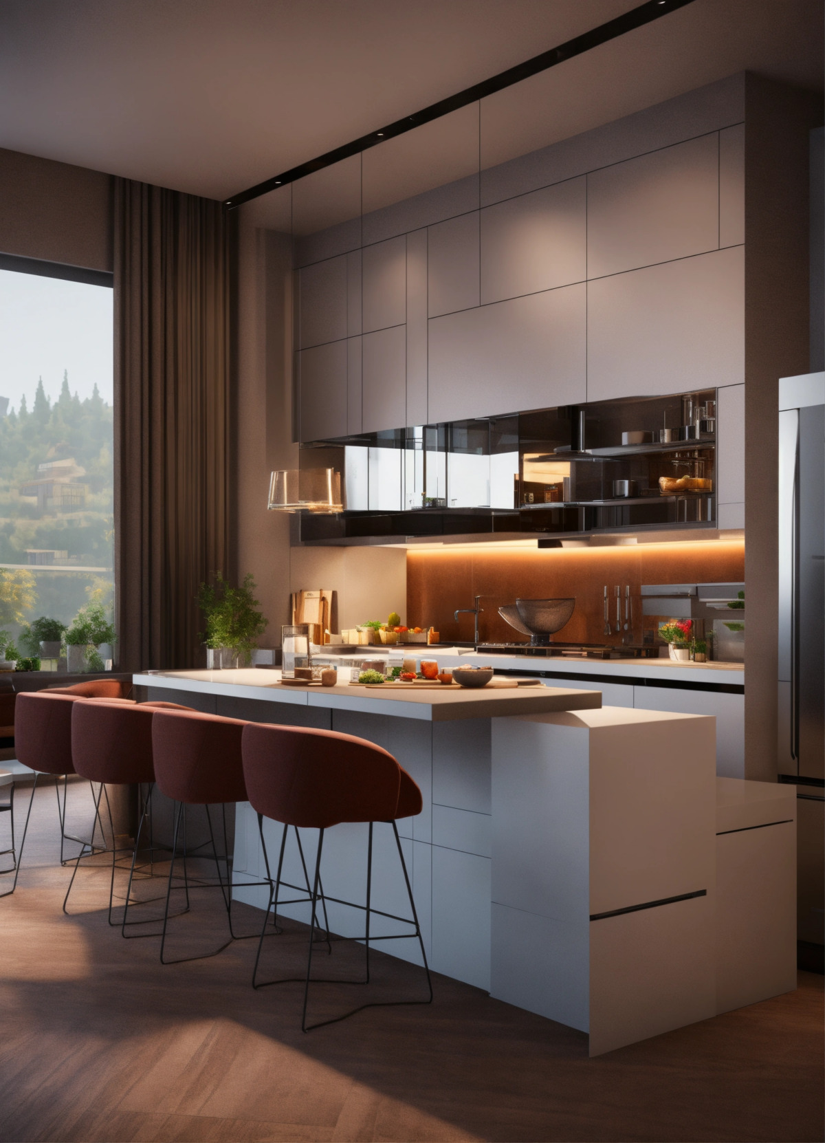 Nowoczesna kuchnia z wyspą, minimalistyczne szare szafki, oświetlenie LED podszafkowe, brązowe hokery, widok na zieleń za oknem.