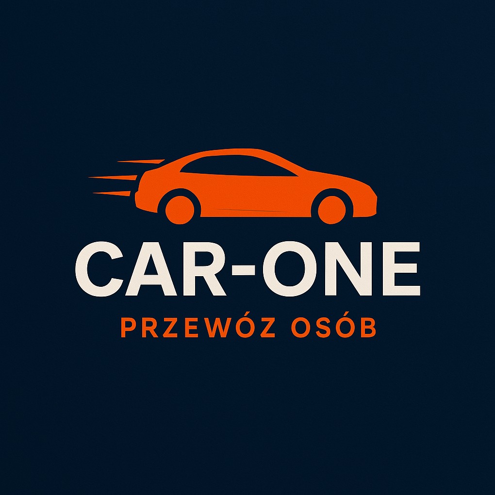 Logo firmy transportowej CAR-ONE z pomarańczową sylwetką pędzącego samochodu nad białym napisem i hasłem 'PRZEWÓZ OSÓB' w kolorze pomarańczowym na ciemnoniebieskim tle.