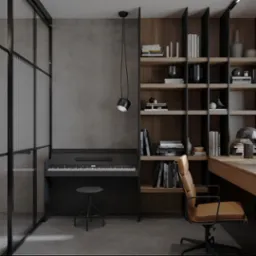 Nowoczesne biuro domowe z pianinem cyfrowym, regałem na książki i biurkiem z komputerem, oświetlone wiszącą lampą punktową.