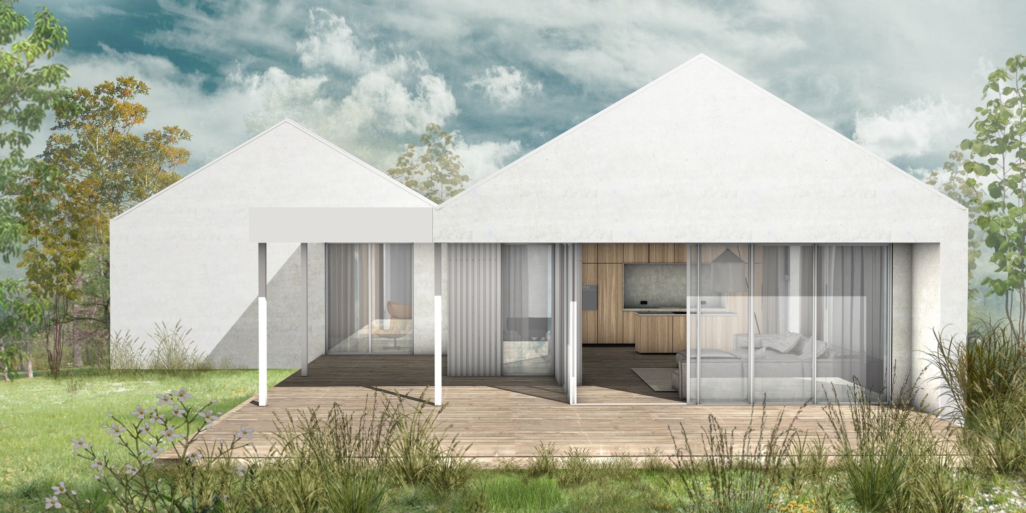 Wizualizacja nowoczesnego domu z dwuspadowym dachem, dużymi przeszkleniami i drewnianym tarasem, otoczonego zielenią.