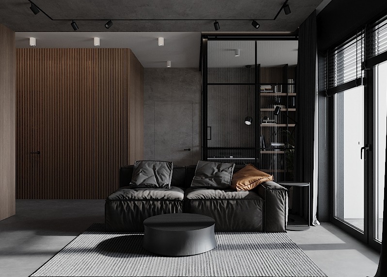 Nowoczesny salon w odcieniach szarości i brązu z sofą modułową, okrągłym stolikiem kawowym i ścianą z drewnianych paneli.