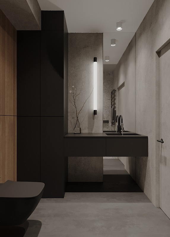 Nowoczesna łazienka w minimalistycznym stylu: czarne meble, betonowa ściana, podświetlane lustro i designerska toaleta.