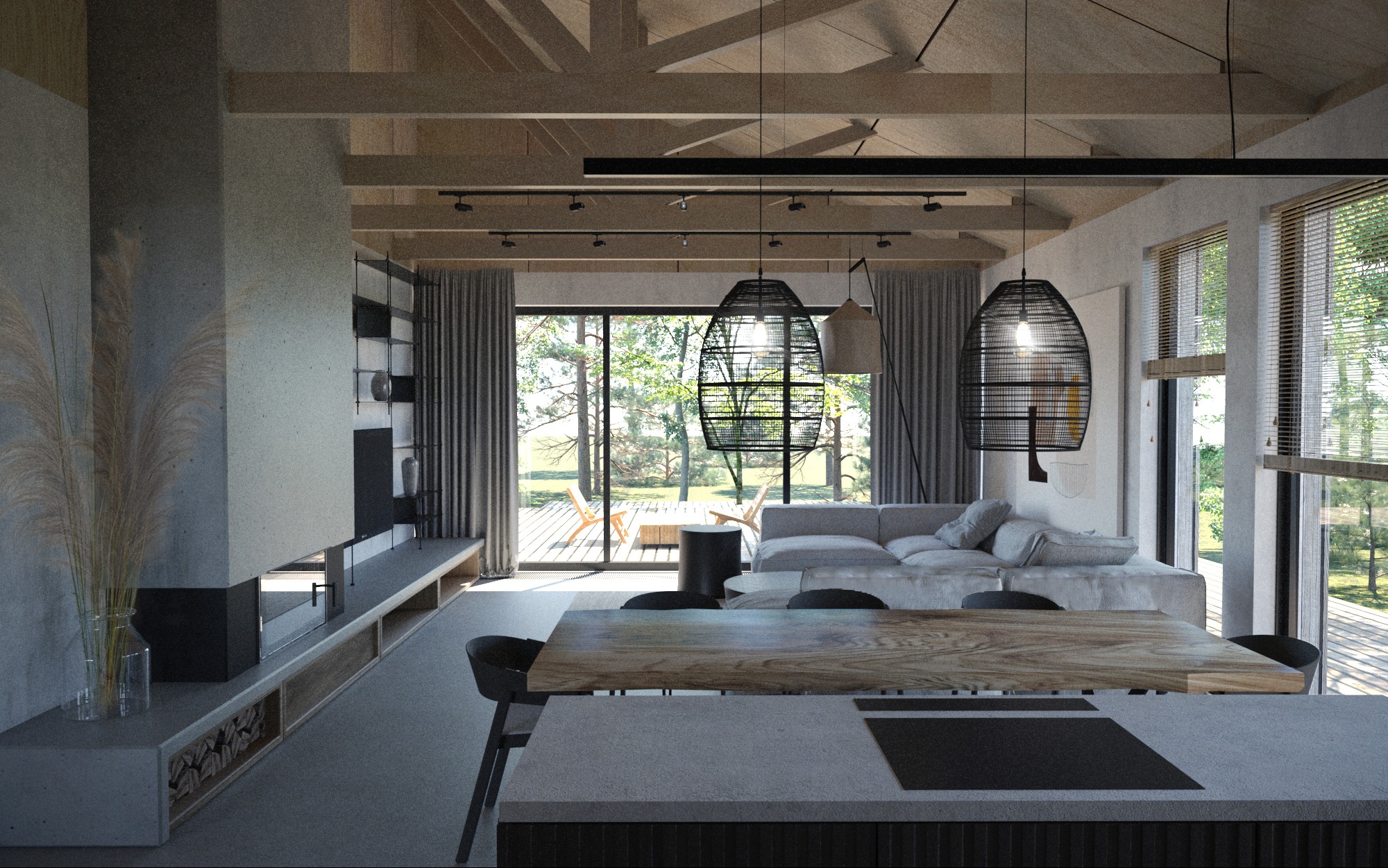 Nowoczesne wnętrze domu z otwartą przestrzenią: betonowy kominek, drewniany stół jadalny, widok na taras i ogród przez panoramiczne okna.