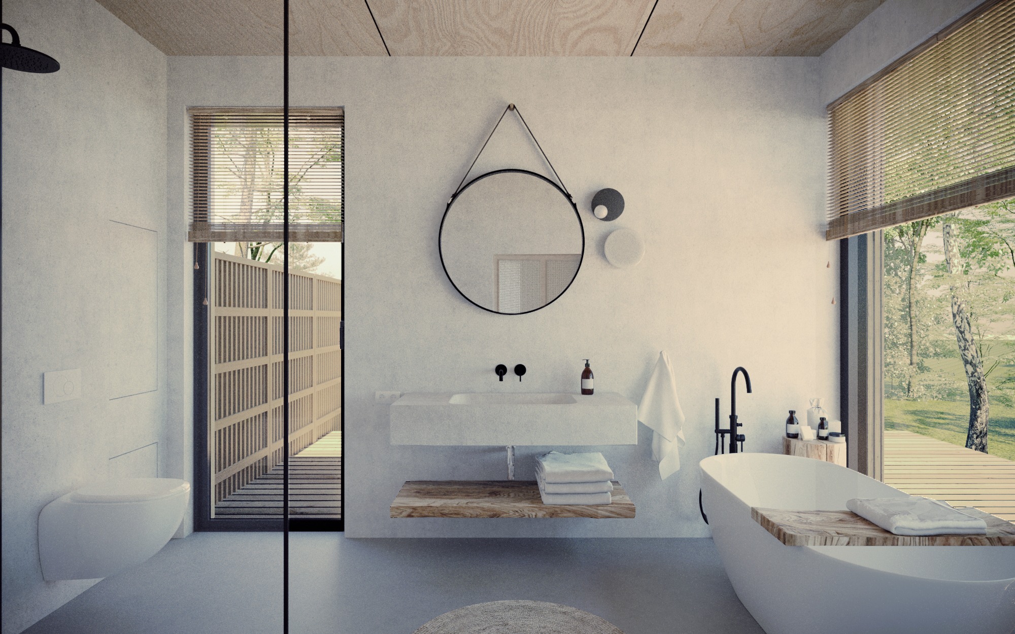 Minimalistyczna łazienka z betonową umywalką, okrągłym lustrem na sznurku i wanną z drewnianą deską, widok na zewnątrz przez okno z żaluzjami.