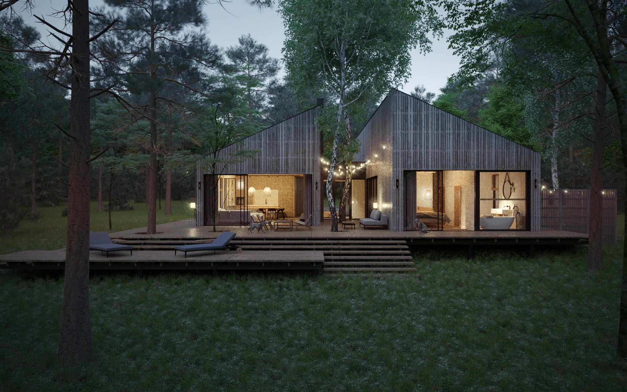 Nowoczesny dom z drewnianą elewacją, otoczony lasem, z oświetlonym tarasem i widocznym wnętrzem: jadalnia i łazienka z wanną.