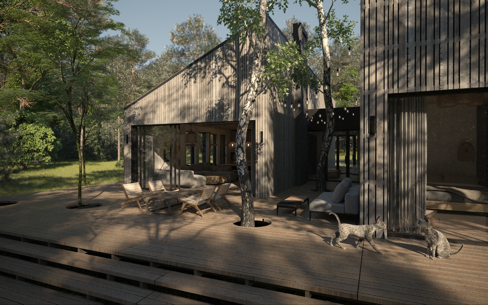 Wizualizacja nowoczesnego domu z drewnianą elewacją, tarasem z drewnianą podłogą, na którym rosną drzewa, z widocznymi meblami ogrodowymi i dwoma kotami rasy orientalnej.