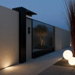 Nowoczesna elewacja domu z podświetlonym wejściem, szklana brama z widokiem na drzewo, dekoracyjne kule świetlne i wysokie trawy ozdobne.