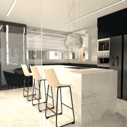 Dessein Magdalena Pawlak - Nowoczesna kuchnia z wyspą z marmuru, czarnymi szafkami i designerską lampą. Trzy krzesła barowe z jasnymi siedziskami. Minimalistyczny design, eleganckie wykończenie.