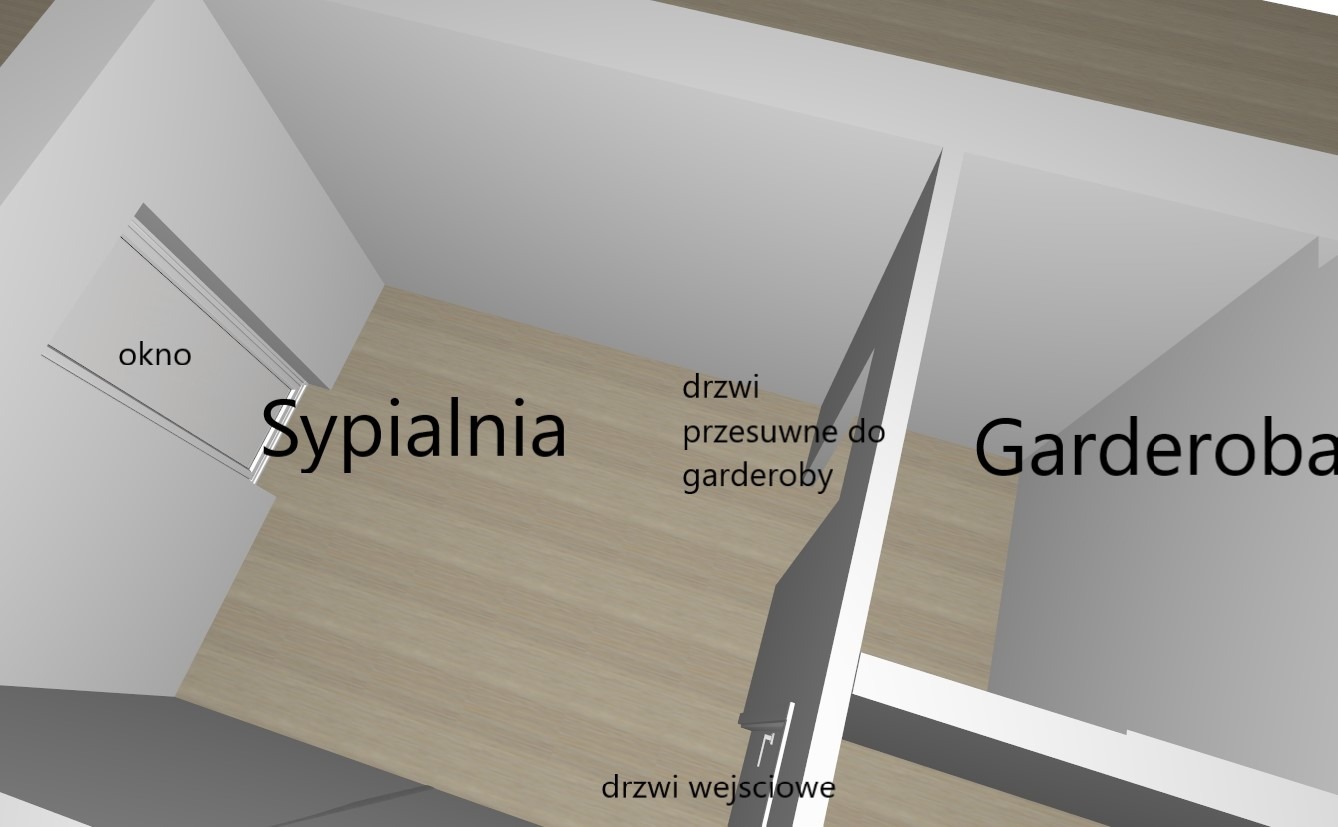 Wizualizacja 3D sypialni z garderobą, przesuwne drzwi do garderoby, okno w sypialni.