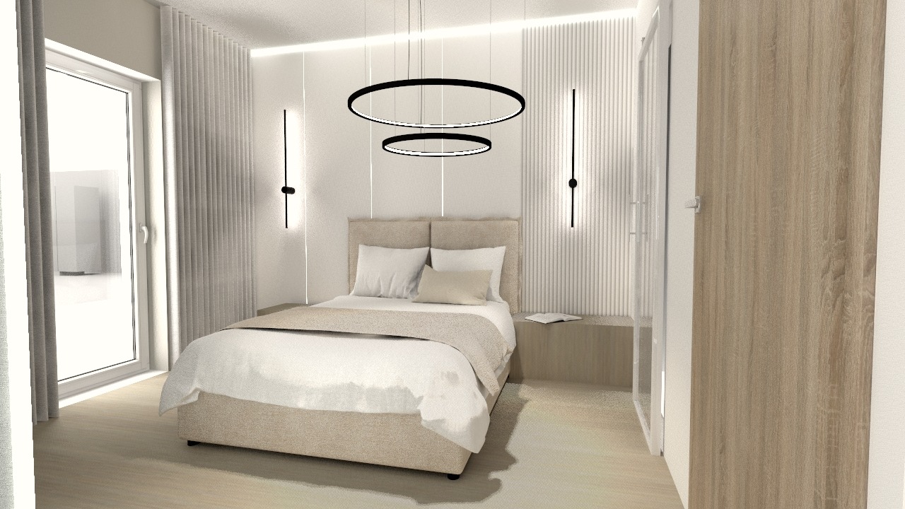 Wizualizacja sypialni z łóżkiem, okrągłymi lampami wiszącymi i panelami ściennymi z pionowymi żłobieniami, minimalistyczny styl.