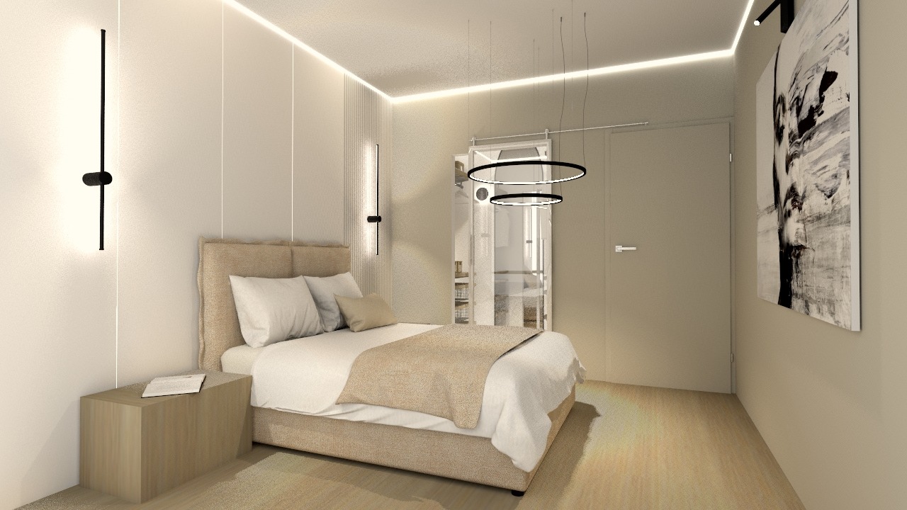 Wizualizacja sypialni z beżowym łóżkiem, minimalistyczną lampą ścienną, okrągłą lampą wiszącą i abstrakcyjnym obrazem na ścianie.