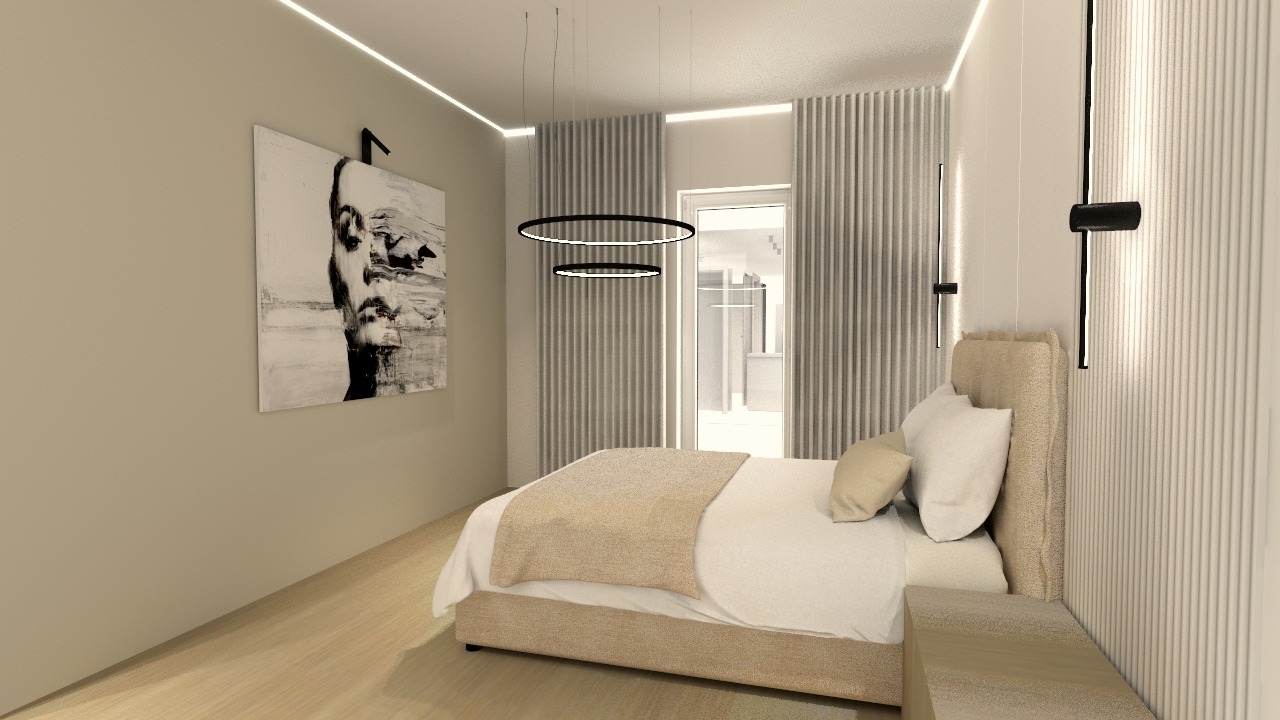 Nowoczesna sypialnia z łóżkiem kontynentalnym, abstrakcyjnym obrazem na ścianie i okrągłymi lampami wiszącymi, oświetlenie LED podsufitowe.