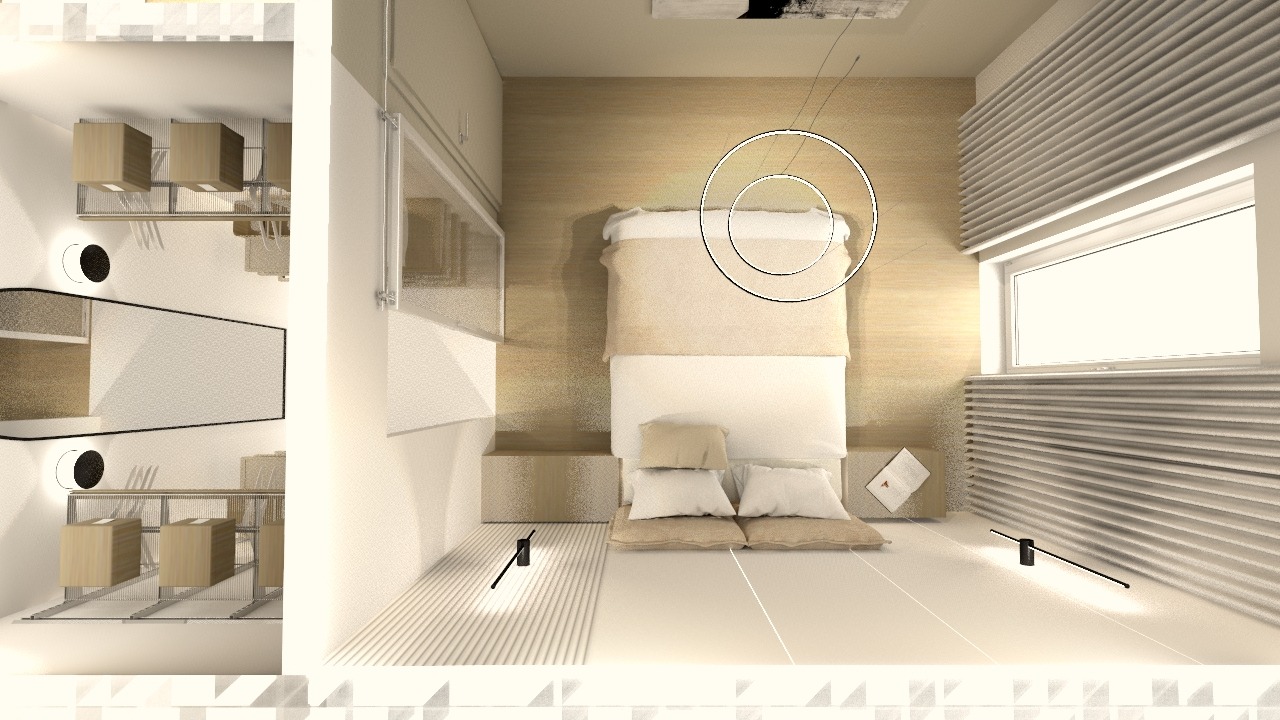 Wizualizacja sypialni w beżowej tonacji, z minimalistycznym łóżkiem, oknem z żaluzjami poziomymi i designerskimi lampkami podłogowymi oraz garderobą po lewej stronie.