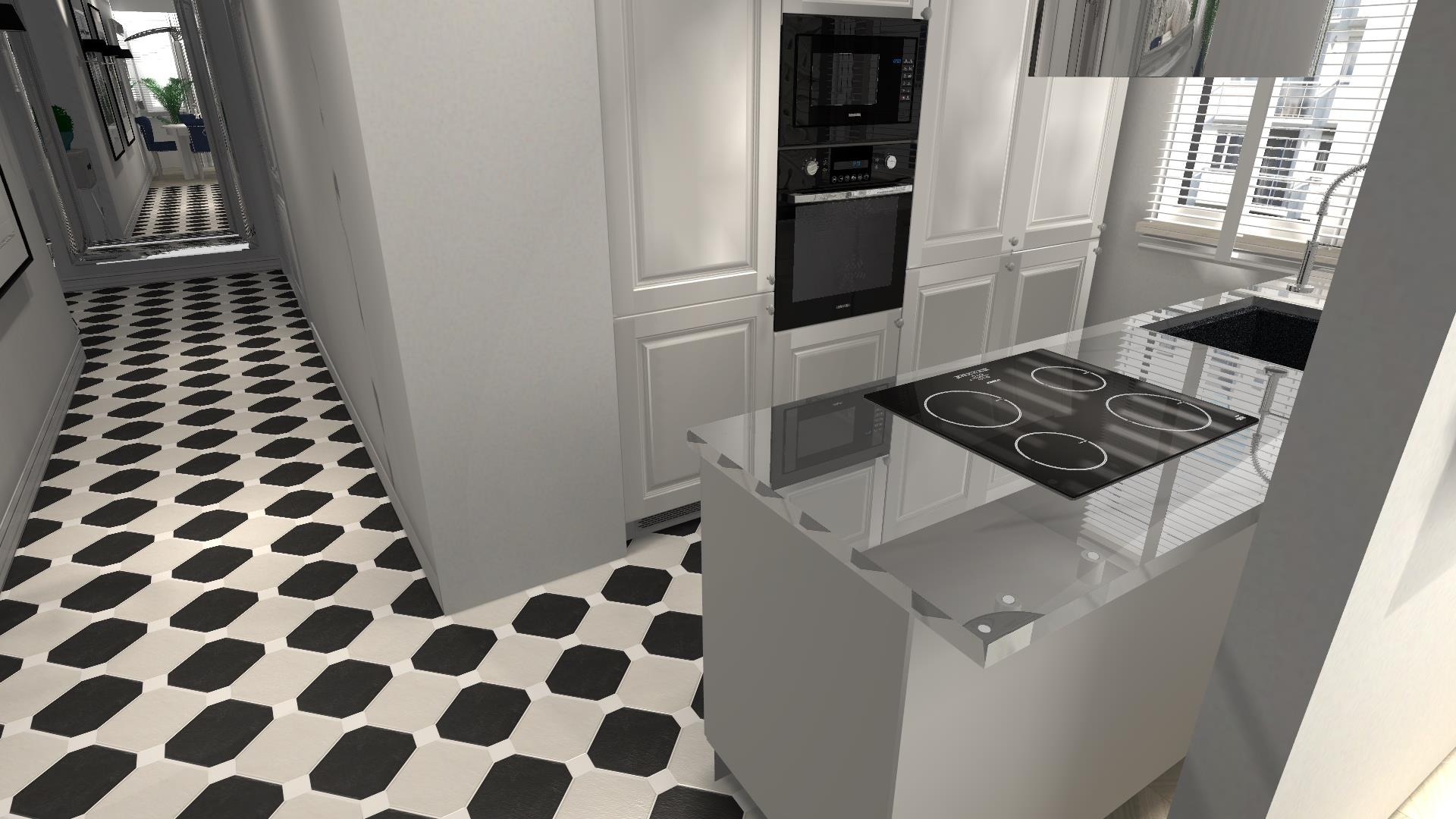 Wizualizacja kuchni w odcieniach szarości i bieli z czarną płytą indukcyjną na wyspie kuchennej, widok na przedpokój z wzorzystą podłogą i okno z żaluzjami.