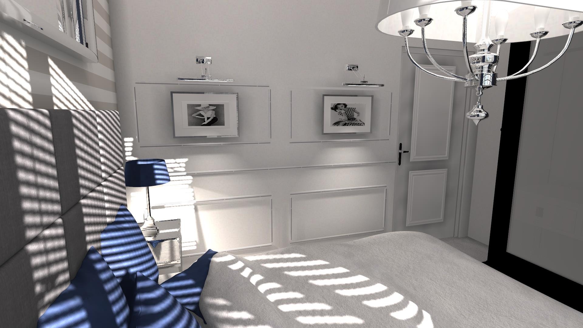 Elegancka sypialnia w odcieniach bieli i szarości z akcentami granatu, światło słoneczne tworzy wzory na pościeli, wisząca lampa w stylu glamour, na ścianie dwie czarno-białe grafiki z podświetleniem.