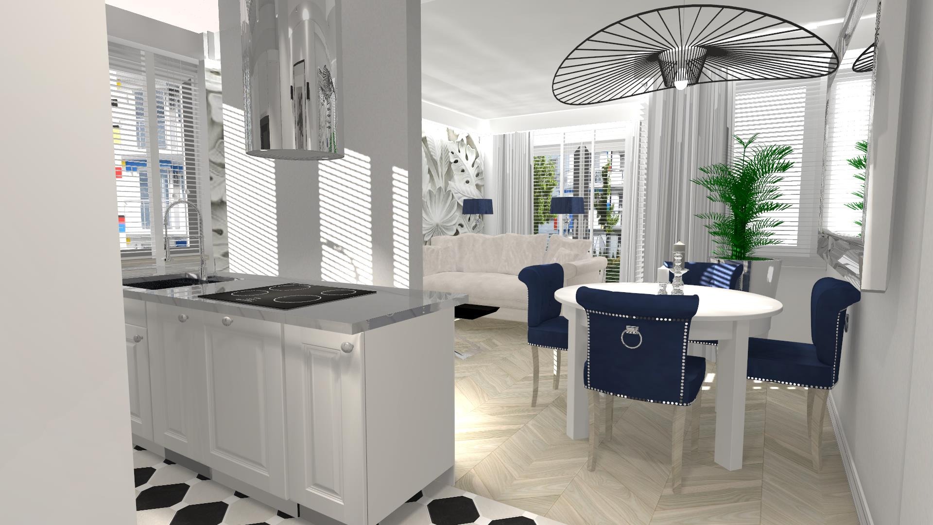 Wizualizacja wnętrza: biała kuchnia z czarnymi akcentami na podłodze, stalowy okap, w tle salon z białą sofą i niebieskimi lampami, okrągły stół z krzesłami w kolorze granatowym.