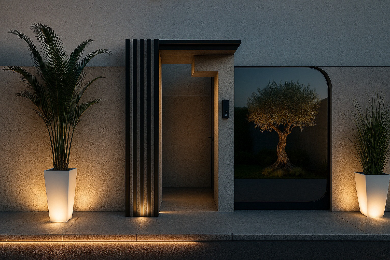 Nowoczesne wejście do budynku z minimalistyczną bramą, oświetlonymi donicami z roślinami i oknem z widokiem na drzewo, całość utrzymana w stonowanej kolorystyce.