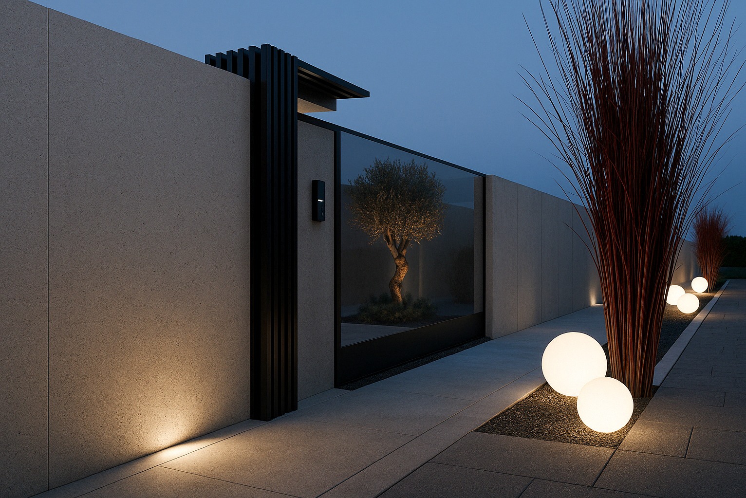 Nowoczesna elewacja domu z podświetlonym wejściem, szklana brama z widokiem na drzewo, dekoracyjne kule świetlne i wysokie trawy ozdobne.