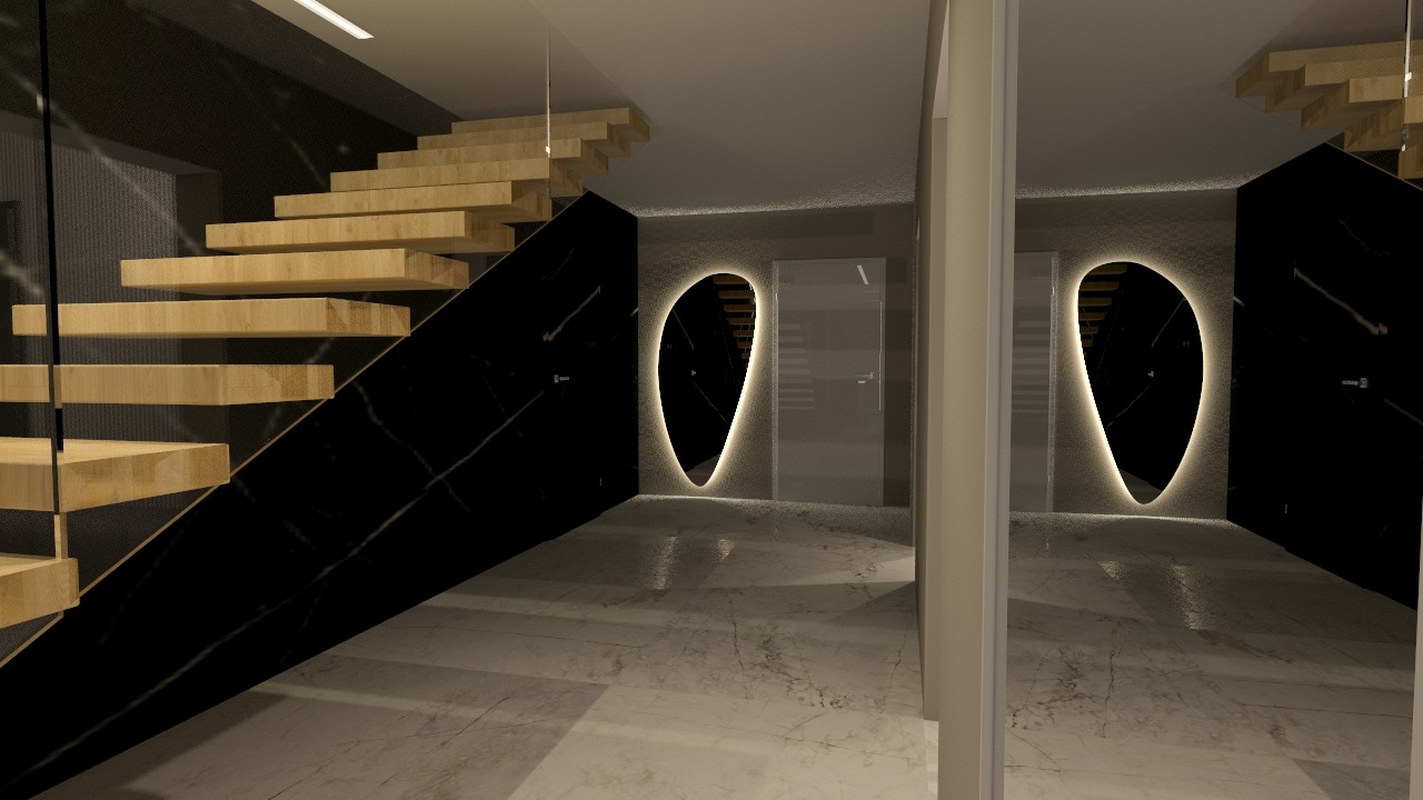 Nowoczesne schody z drewnianymi stopniami i czarną marmurową ścianą. Owalne lustro z podświetleniem i marmurowa podłoga dodają elegancji wnętrzu.