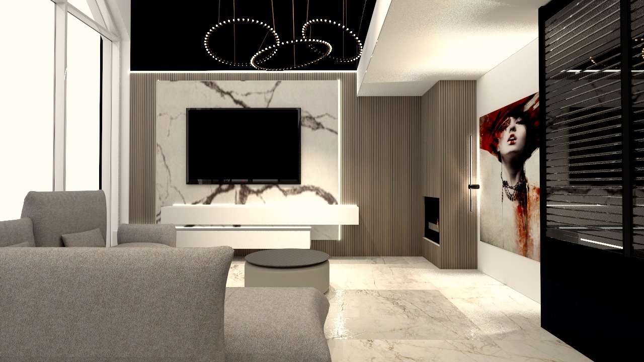 Elegancki salon z szarą sofą, marmurową ścianą TV, okrągłym żyrandolem i obrazem kobiety w czerwieni. Nowoczesne wnętrze z dbałością o detale i oświetlenie.