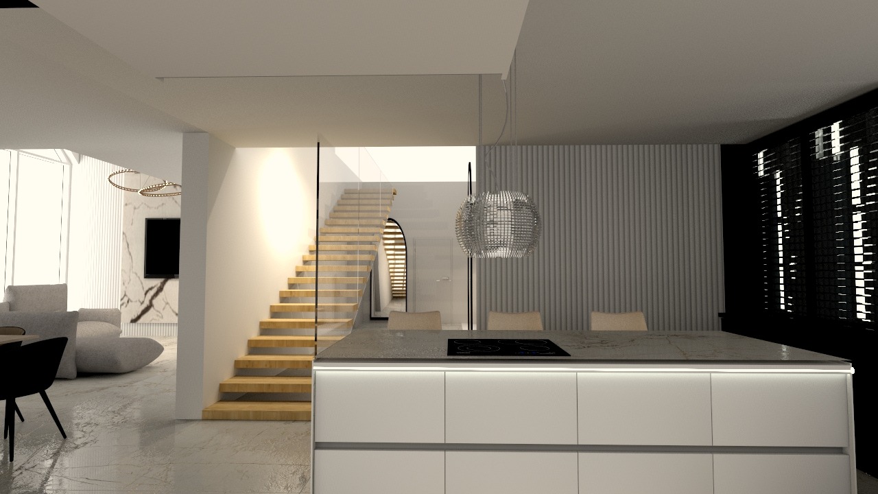 Wnętrze nowoczesnego salonu z otwartą kuchnią, schodami z drewnianymi stopniami i designerską lampą wiszącą nad wyspą kuchenną. Minimalistyczny wystrój, jasne kolory.