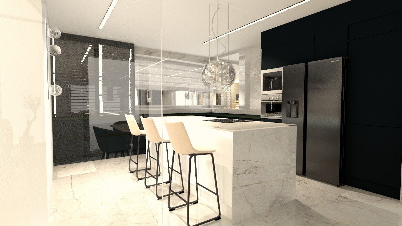 Nowoczesna kuchnia z wyspą z marmuru, czarnymi szafkami i designerską lampą. Trzy krzesła barowe z jasnymi siedziskami. Minimalistyczny design, eleganckie wykończenie.