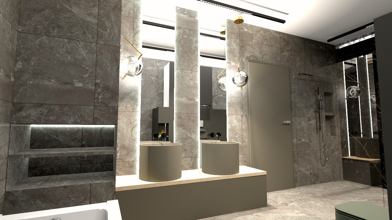 Elegancka łazienka w Sopot z umywalkami nablatowymi i szarymi płytkami imitującymi kamień. Nowoczesne oświetlenie i minimalistyczny design.