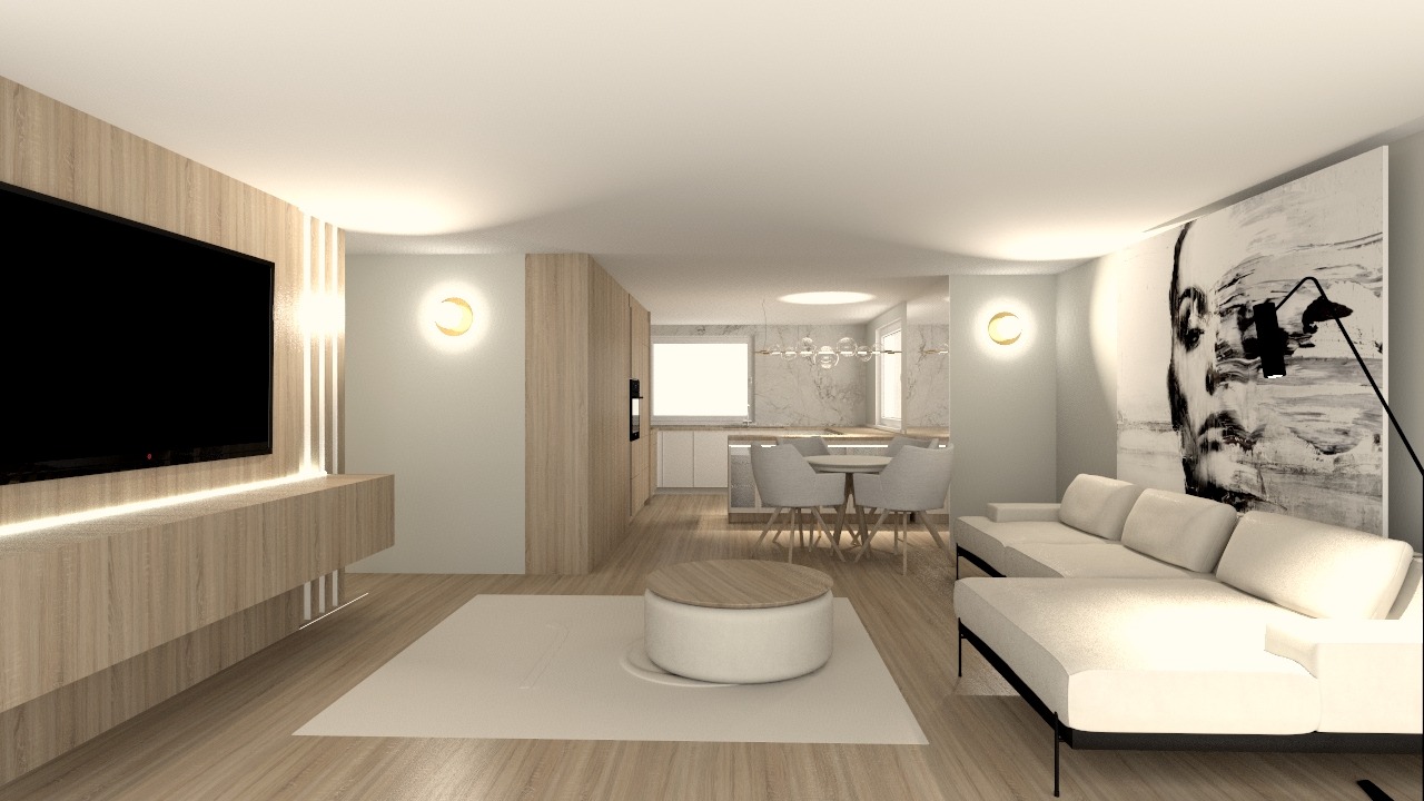 Wizualizacja salonu z aneksem kuchennym: drewniane panele TV, okrągły stolik, biała sofa z grafiką portretu, oświetlenie punktowe i marmurowa ściana w kuchni.