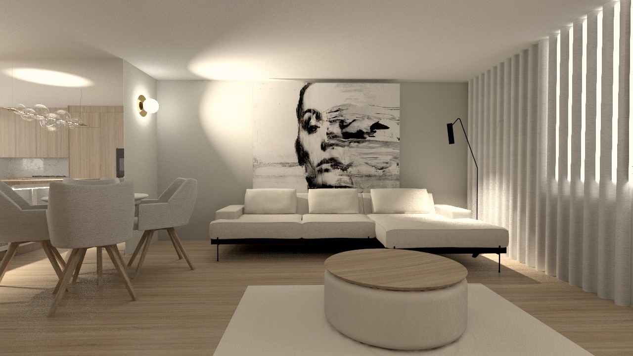 Jasne wnętrze mieszkania z sofą narożną, okrągłym pufem i obrazem na ścianie. Widoczne krzesła i lampa. Minimalistyczny design z drewnianą podłogą i zasłonami.