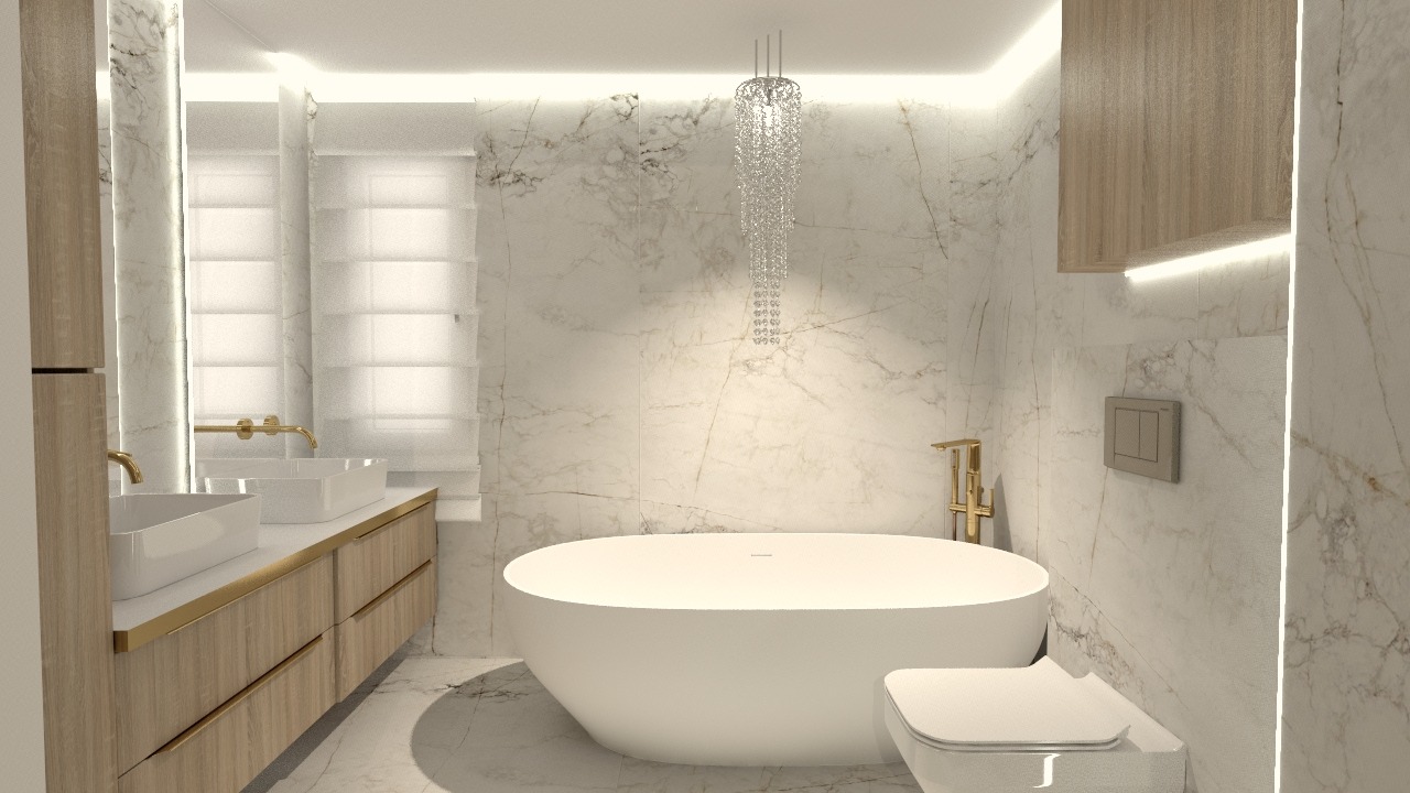 Elegancka łazienka z marmurowymi ścianami, wolnostojącą wanną i kryształowym żyrandolem. Umywalki nablatowe z drewnianymi szafkami i złotą armaturą. Subtelne oświetlenie LED.