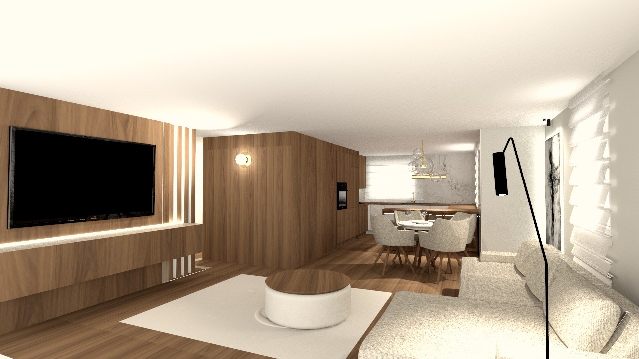 Wizualizacja salonu z aneksem kuchennym. Drewniane panele ścienne z telewizorem, biały dywan, okrągły stolik kawowy i szara sofa. W tle jadalnia i kuchnia.