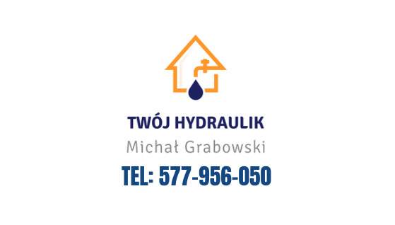 Logo firmy hydraulicznej: pomarańczowy symbol domu z kranem i kroplą wody, napis 'TWÓJ HYDRAULIK Michał Grabowski', numer telefonu.