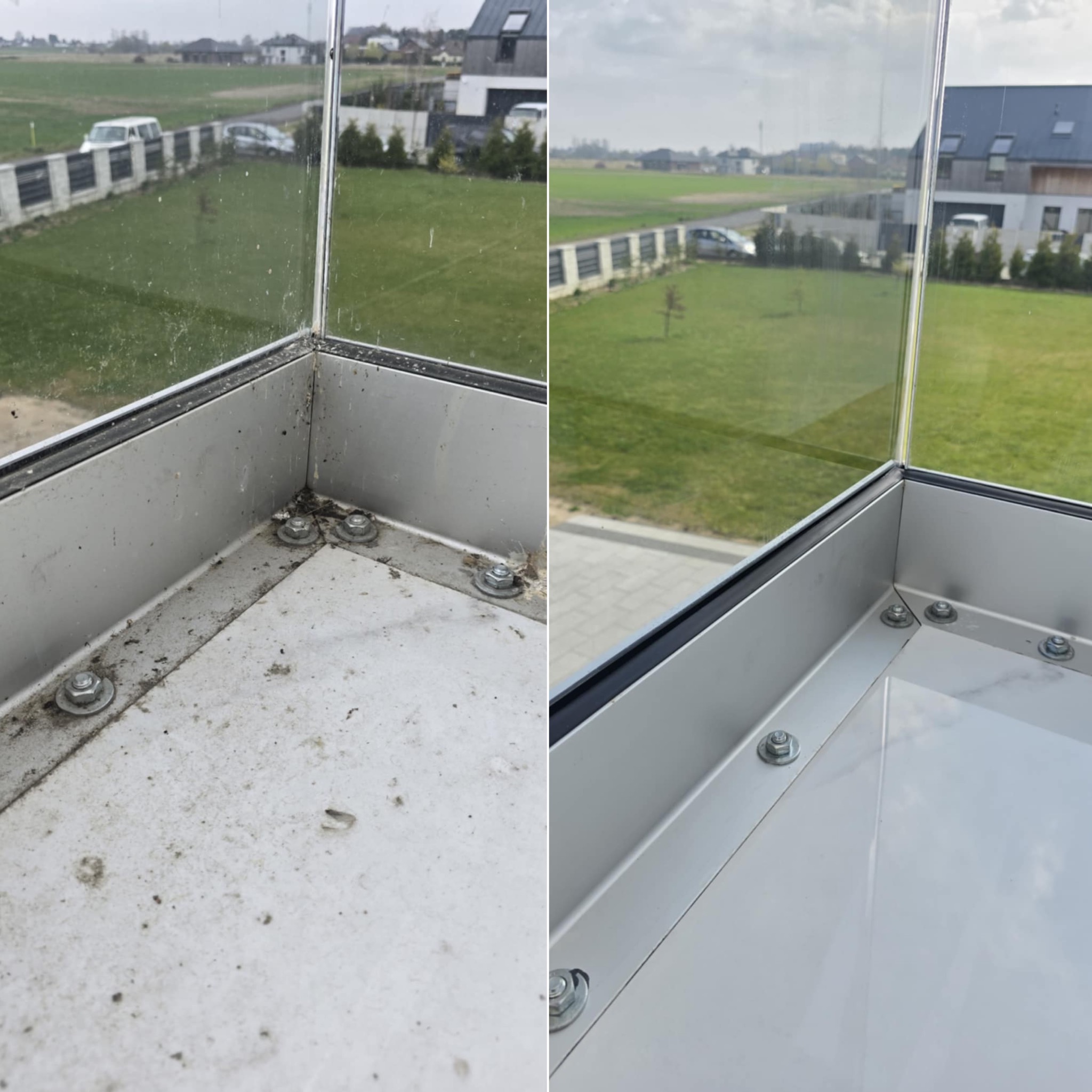 Zdjęcie 'przed i po' mycia okien w Koszalinie. Widoczne zabrudzone i czyste fragmenty okna z widokiem na zewnątrz. Okno narożne, aluminiowe profile.