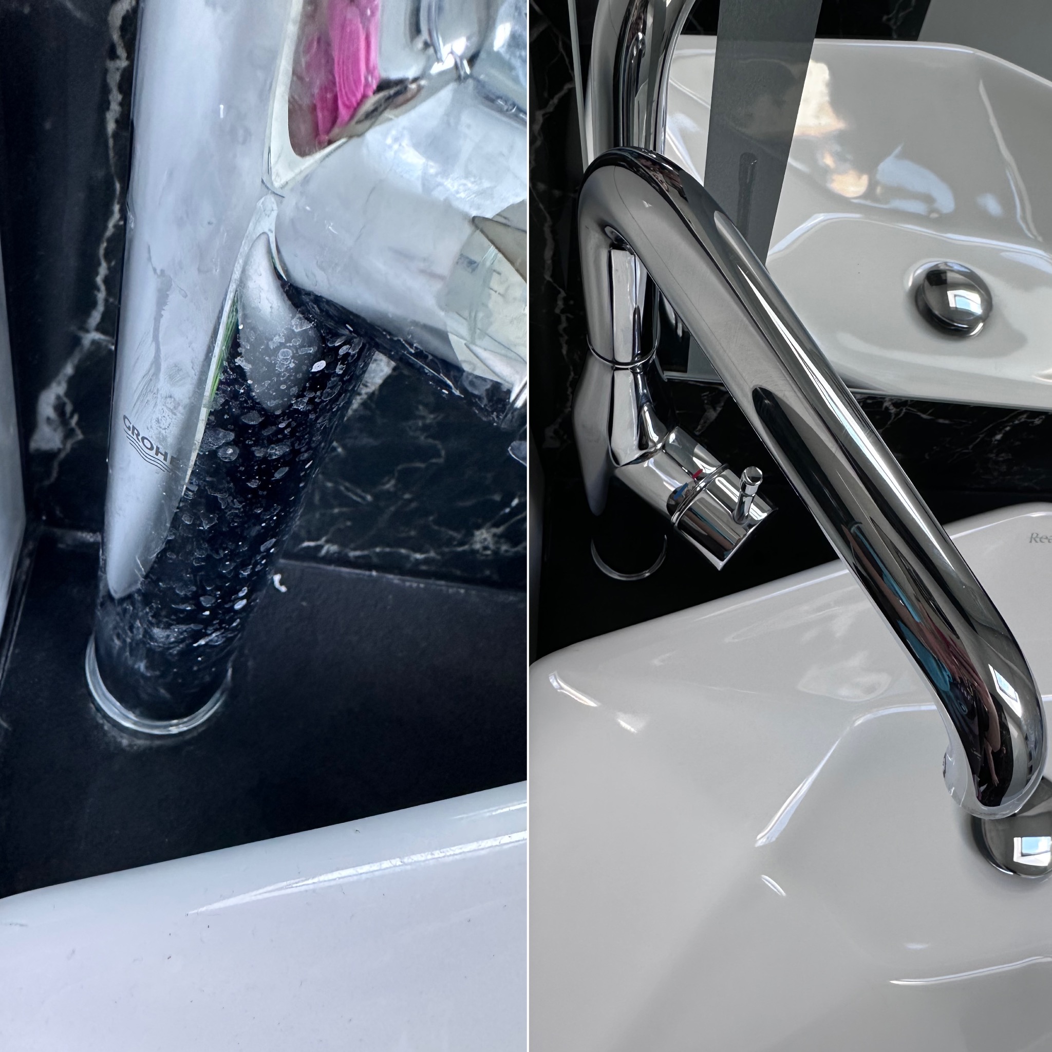 Kran Grohe przed i po czyszczeniu, widoczne osady kamienia usunięte. Połyskująca armatura łazienkowa na tle czarnego marmuru i białej umywalki.