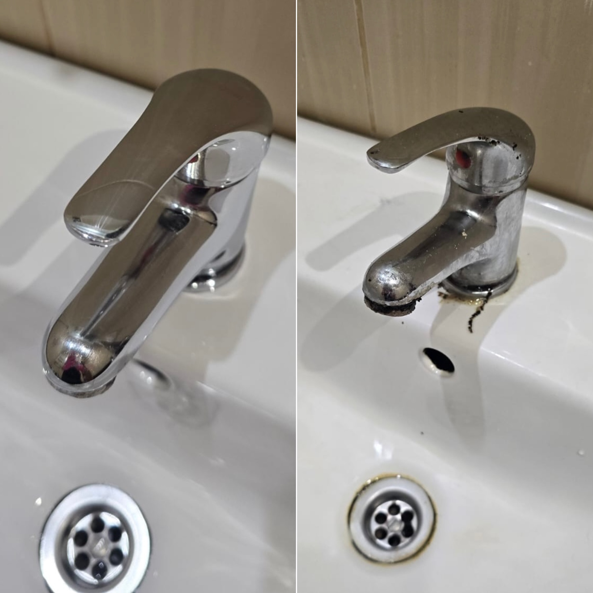 Zdjęcie typu 'przed i po' przedstawia umywalkę z kranem: po lewej czysty, błyszczący kran, po prawej zabrudzony, z osadem. Widoczny odpływ umywalki.