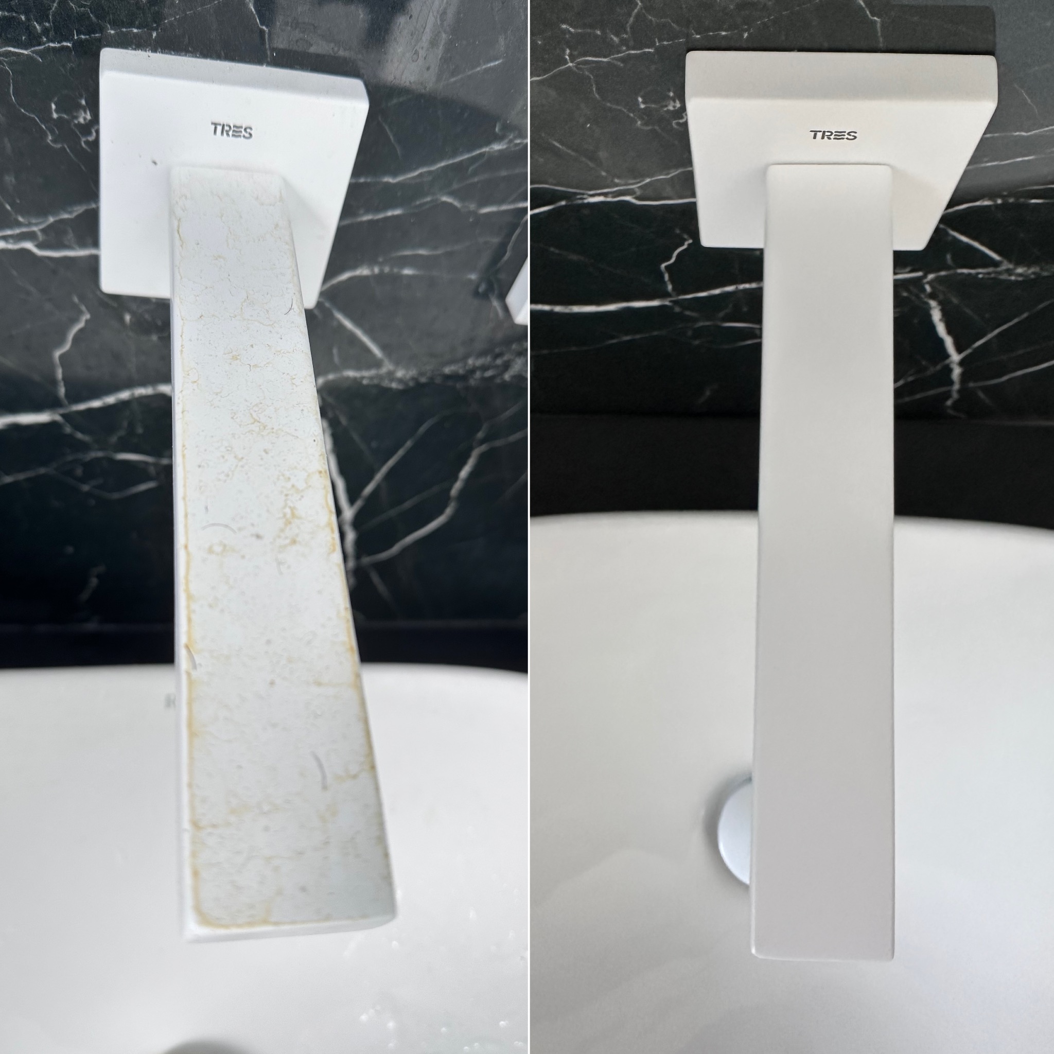 Bateria umywalkowa TRES przed i po czyszczeniu, widoczne osady i kamień usunięte. Marmurowe tło.
