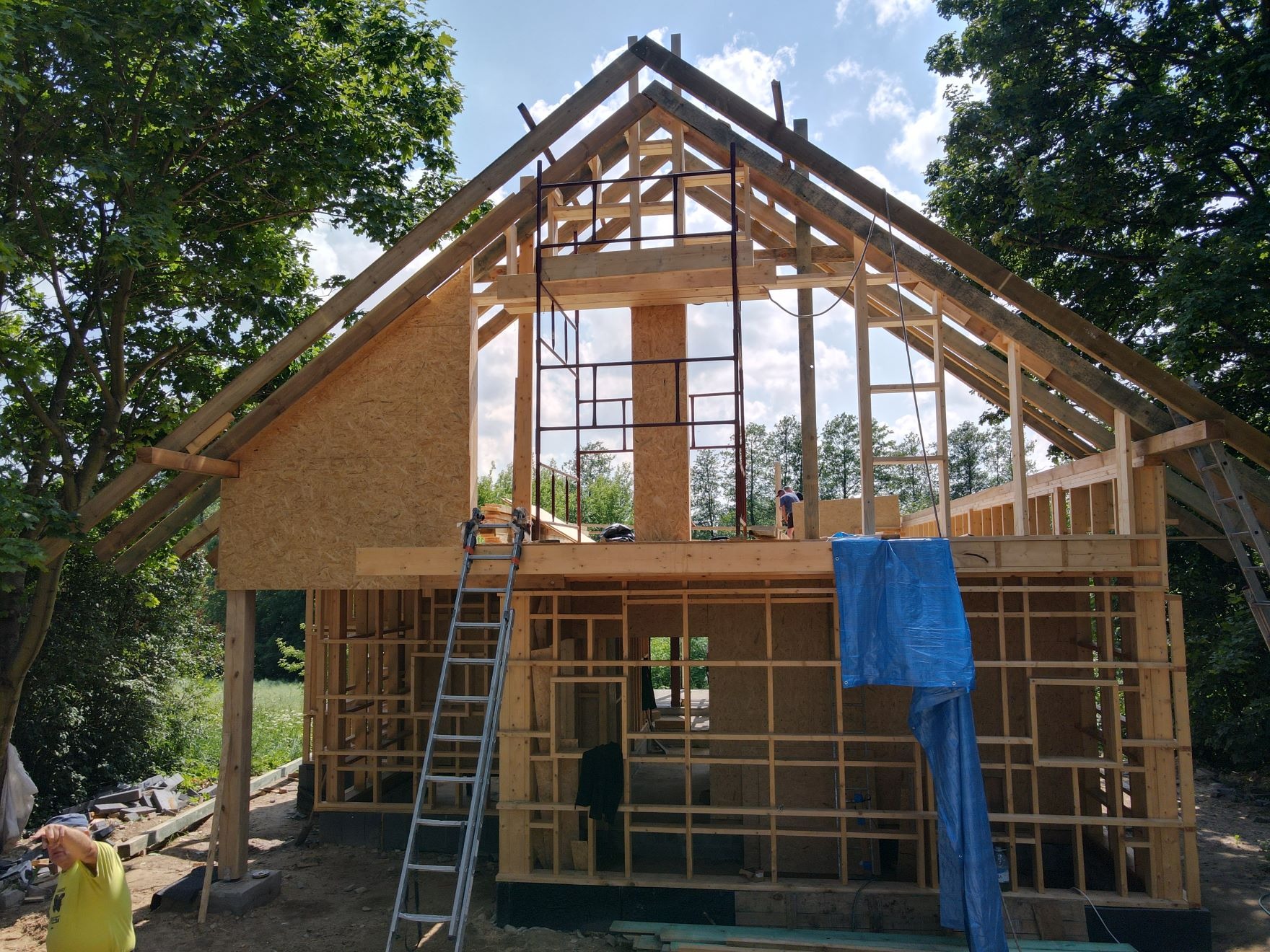 Konstrukcja domu w trakcie budowy: widoczny szkielet drewniany, częściowo obłożony płytami OSB, drabina oparta o ścianę, niebieska plandeka na elewacji, drzewa w tle.