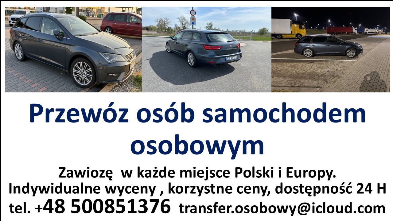 Kompozycja trzech ujęć szarego kombi na różnych tłach: miejskim, drogowym i parkingowym, prezentująca auto oferowane do transportu osób. Tekst reklamowy na dole.