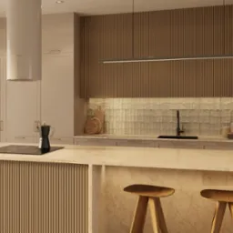 Łazienka w naturalnych beżach z wyspą