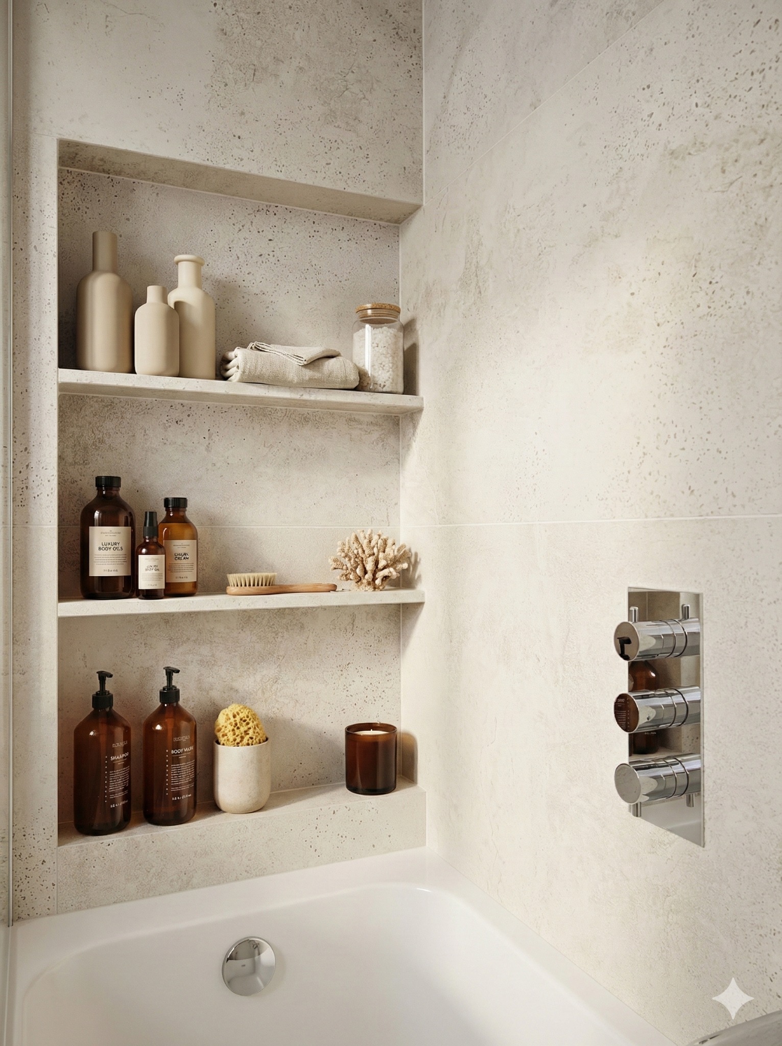 Narożna półka w łazience wyłożona beżowymi kaflami Moonrow white, z kosmetykami i świecą, nad białą wanną. Chromowana bateria termostatyczna.