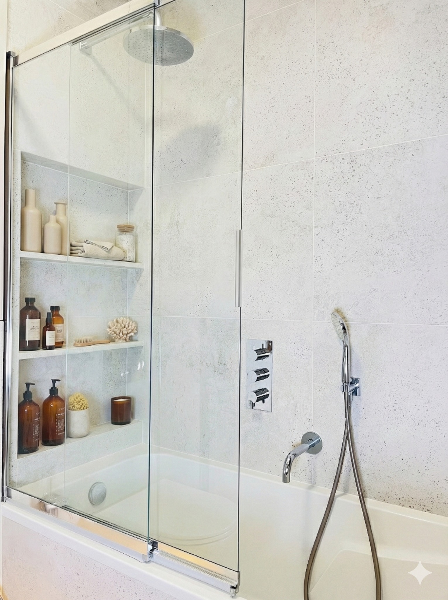 Jasna łazienka z wanną za szklanym parawanem, półki z kosmetykami w ścianie, armatura w chromie, płytki Moonrow white. Minimalistyczny design.