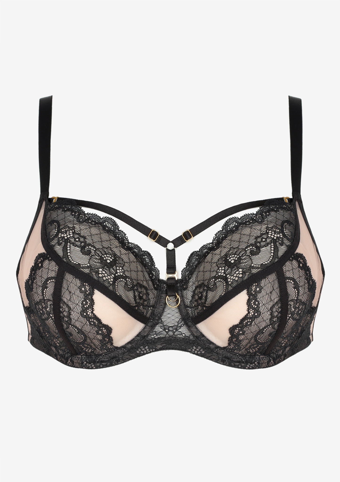 Czarny koronkowy biustonosz na beżowym tle, z ozdobnymi paskami i złotymi detalami, prezentowany na białym tle.