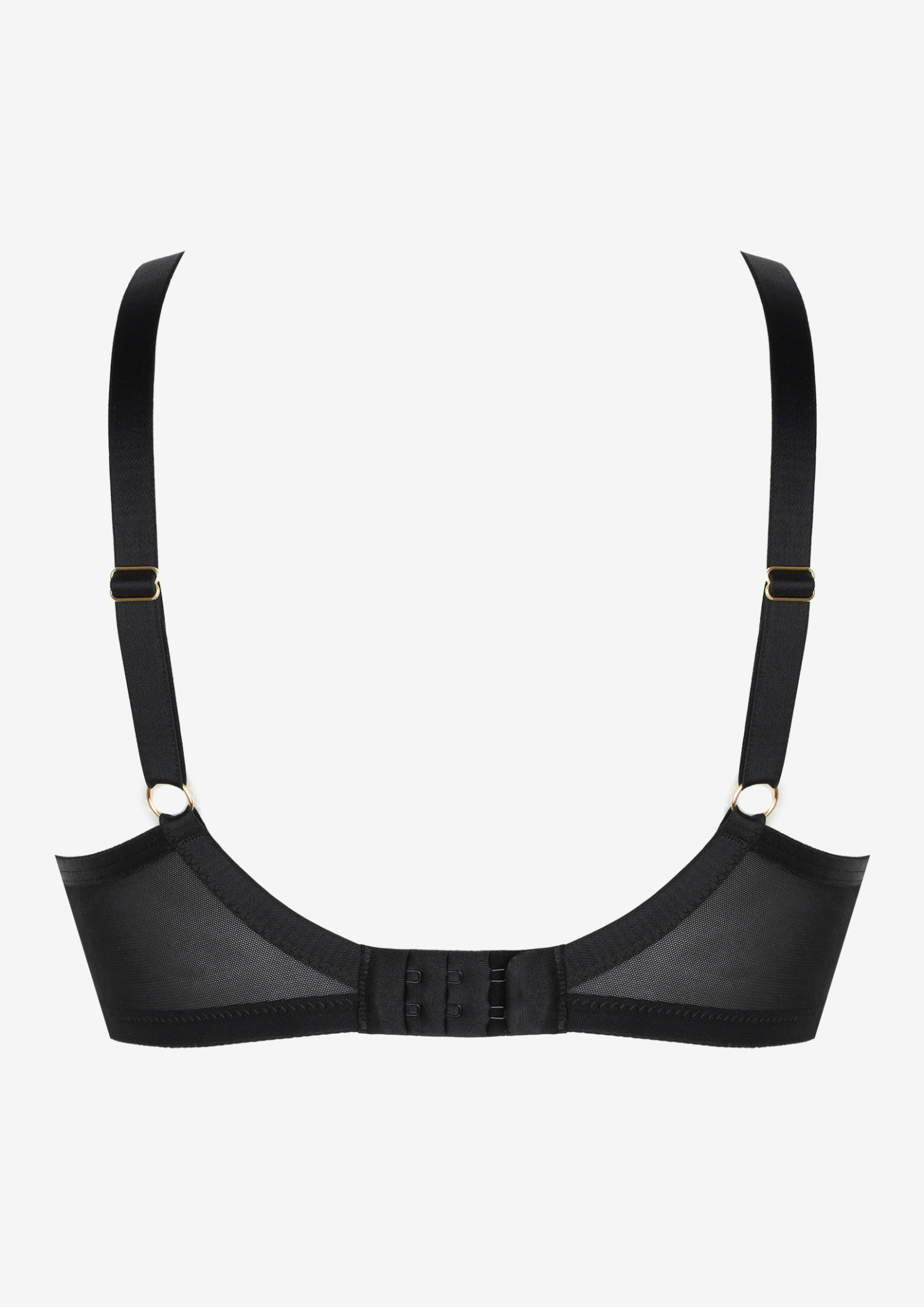 Czarny, koronkowy biustonosz z regulowanymi ramiączkami i zapięciem z tyłu, prezentowany na białym tle.