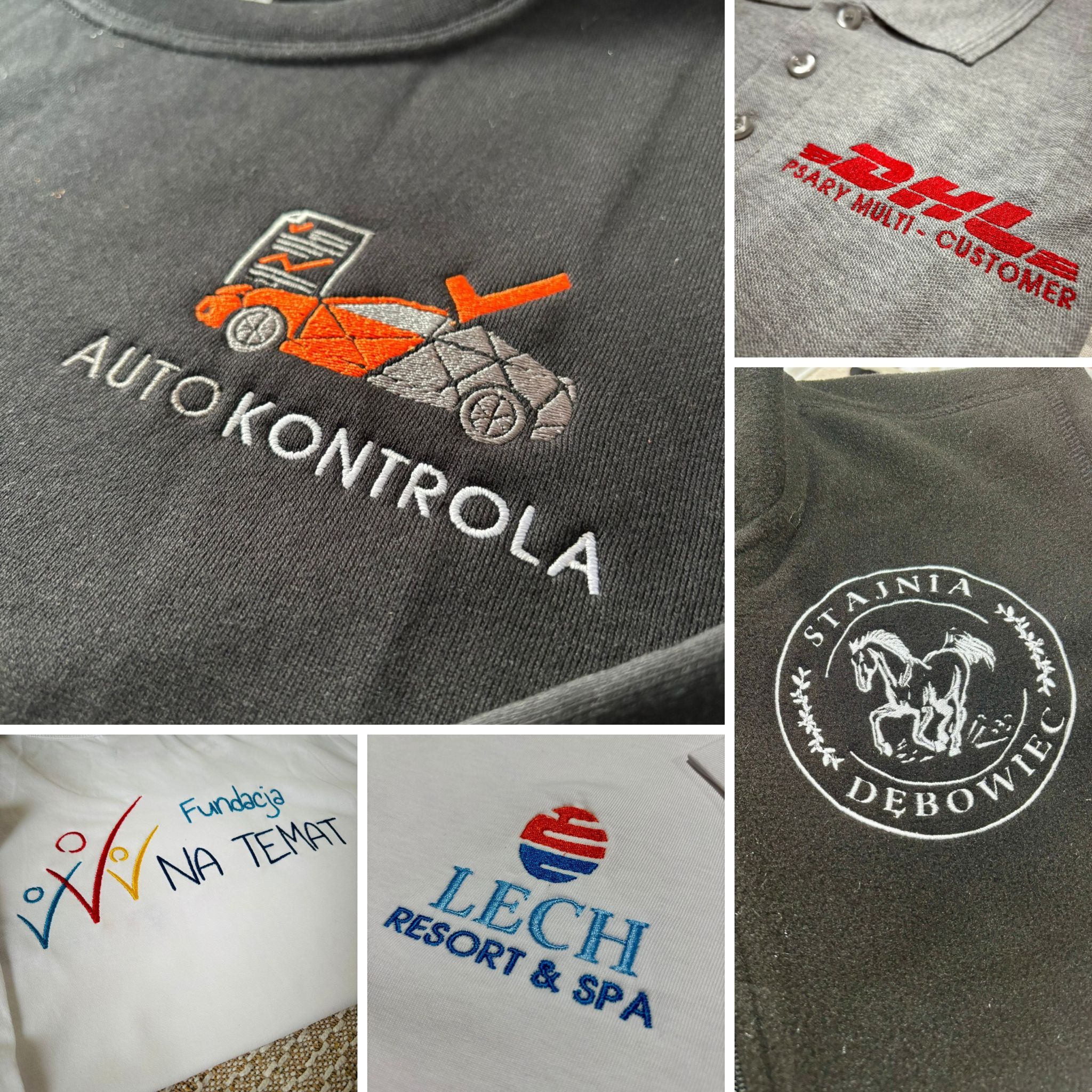 Kolaż haftowanych logo i napisów na różnych elementach odzieży: koszulki, polówki, bluzy. Widoczne detale i precyzja wykonania haftu.