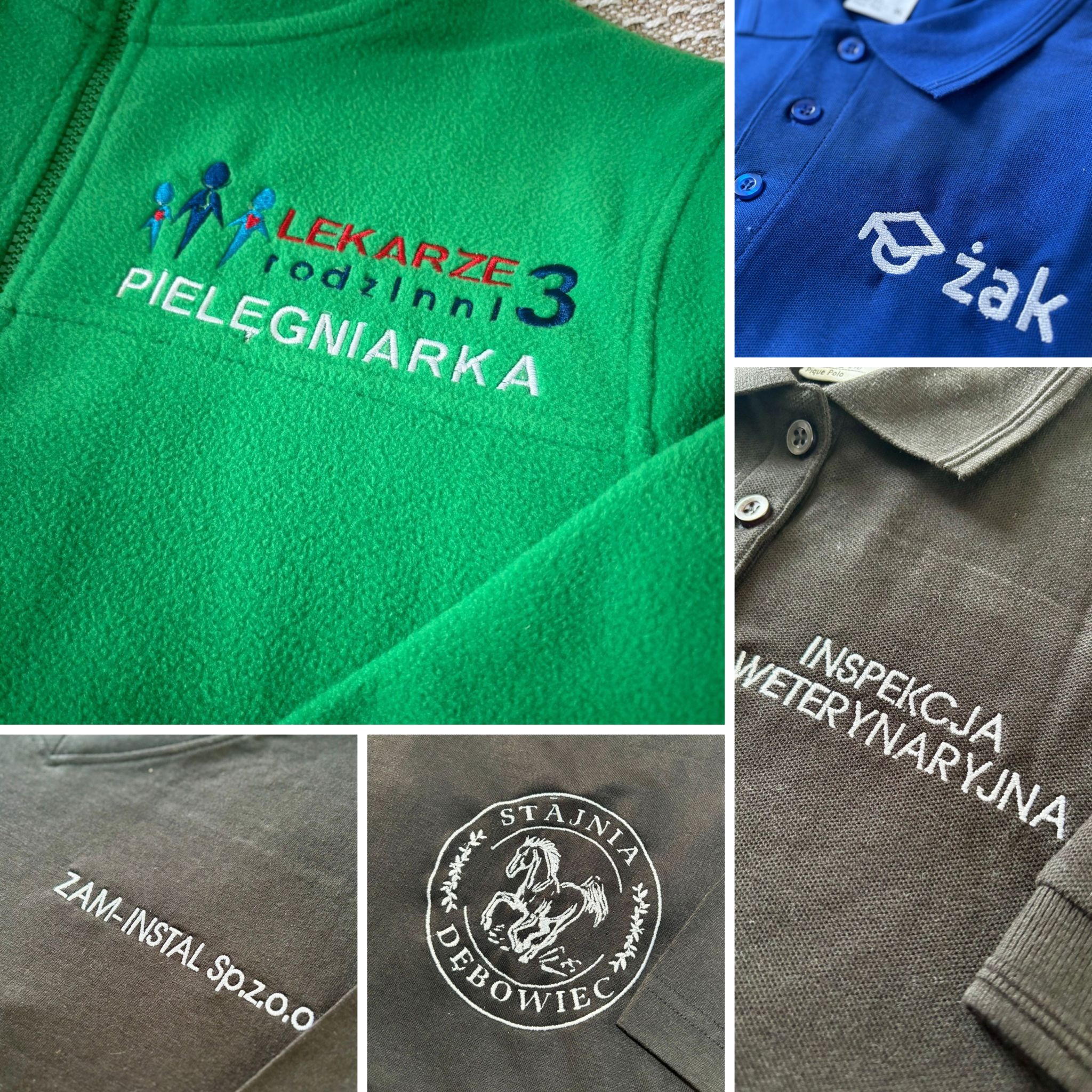 Kolaż odzieży z precyzyjnymi, profesjonalnymi aplikacjami. Zielona bluza z logo medycznym, granatowa koszulka polo z napisem Żak, koszulka z napisem Inspekcja Weterynaryjna.